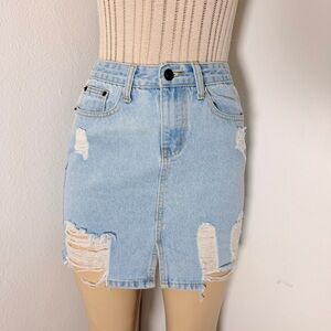 Sage The Label Distressed Denim Mini Skirt | Light Wash Raw Hem Ripped Jean